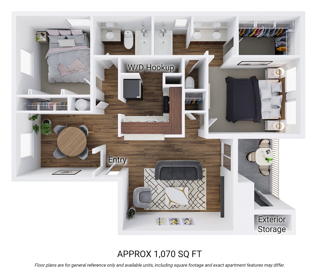 Floor plan for 2 beds, 2 baths, 1070 sqft